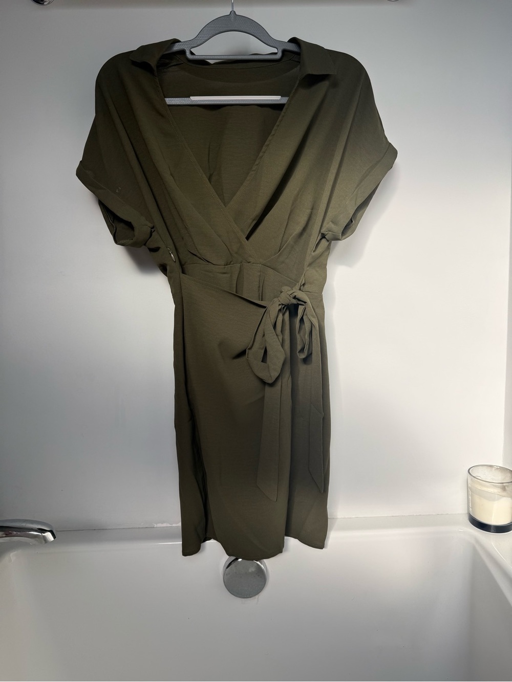 Wrap Front Short Sleeve Dress in Olive Green